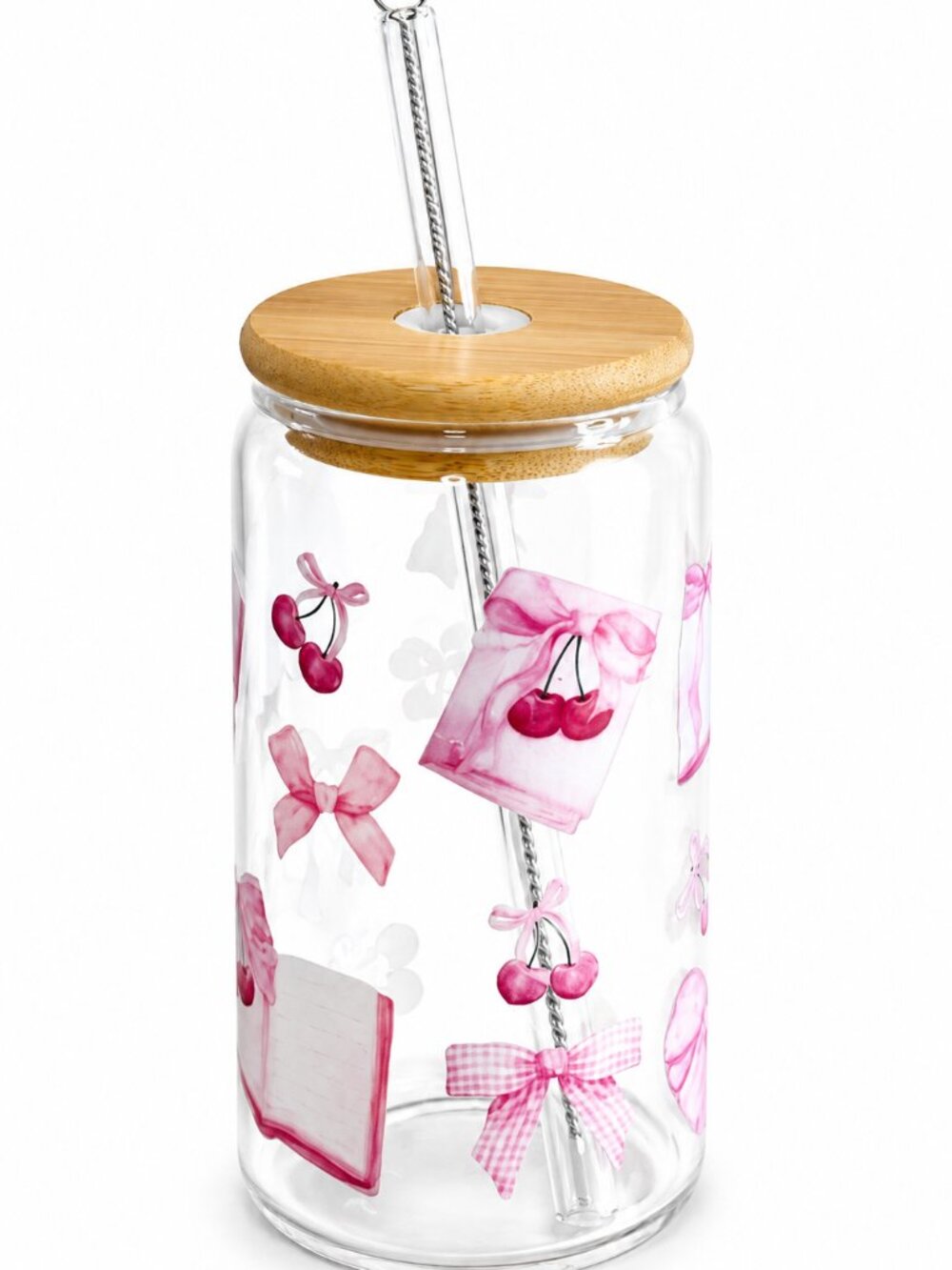 Glass Drink Jar with Bamboo Lid & Straw - Pink Cherry Design NEW